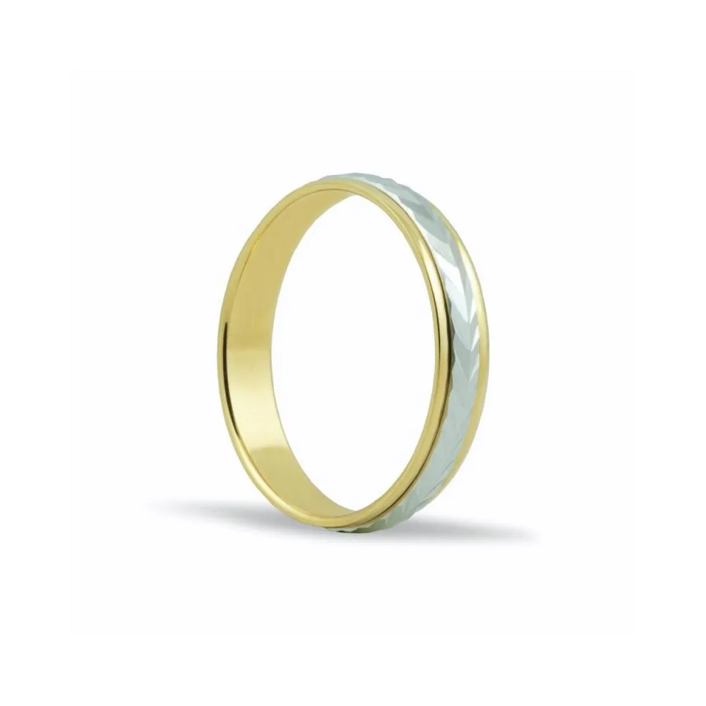 Alianza de oro amarillo y blanco 18k de 4 mm con dibujo de espiga