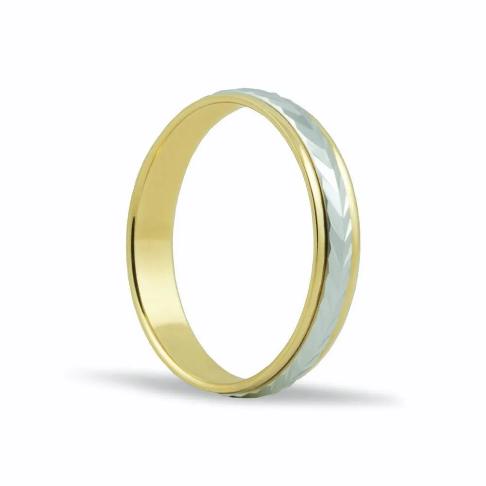 Alianza de oro amarillo y blanco 18k de 4 mm con dibujo de espiga