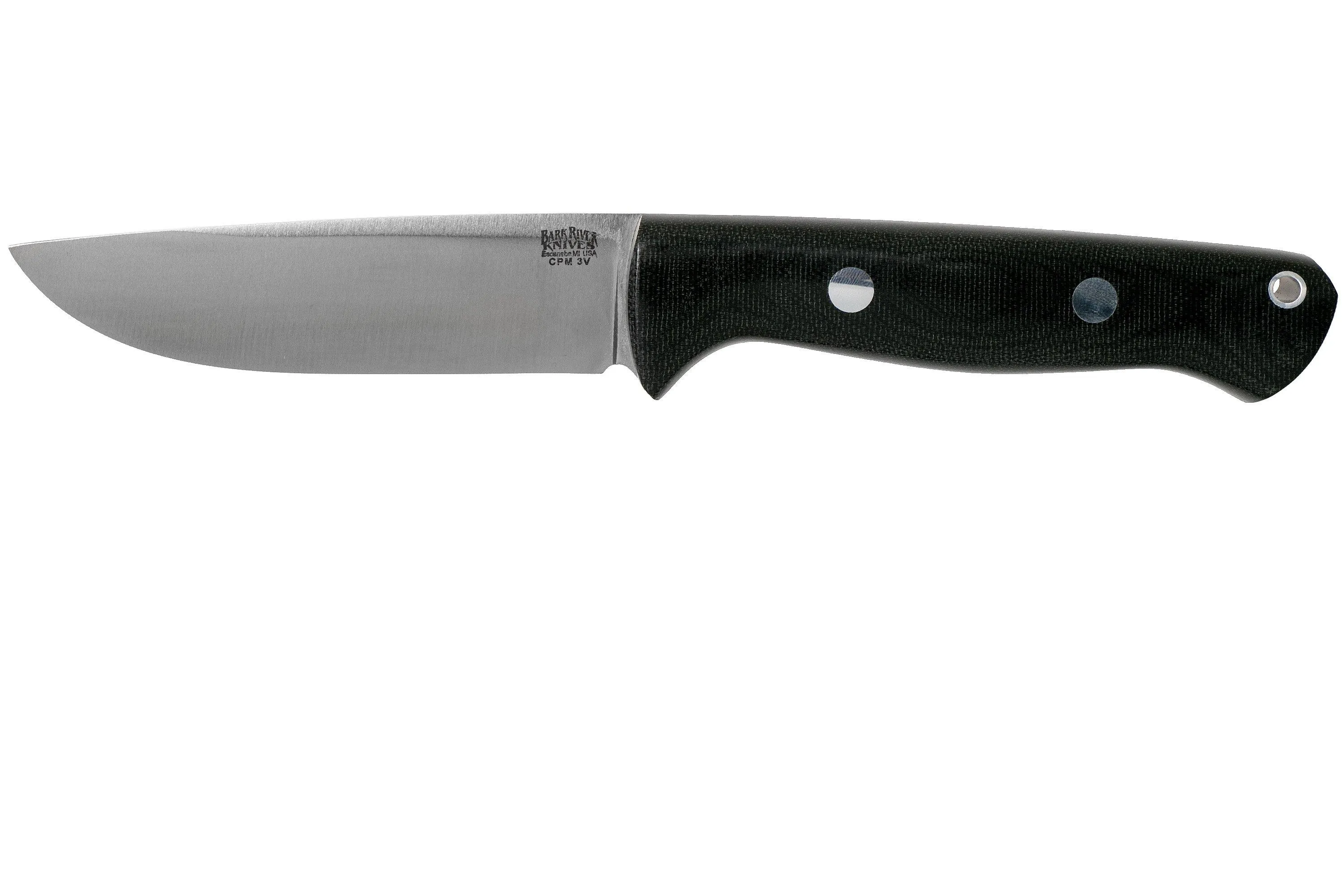 Bark River Bravo 1 LT Hunter CPM 3V, Black Canvas micarta, funda marrón