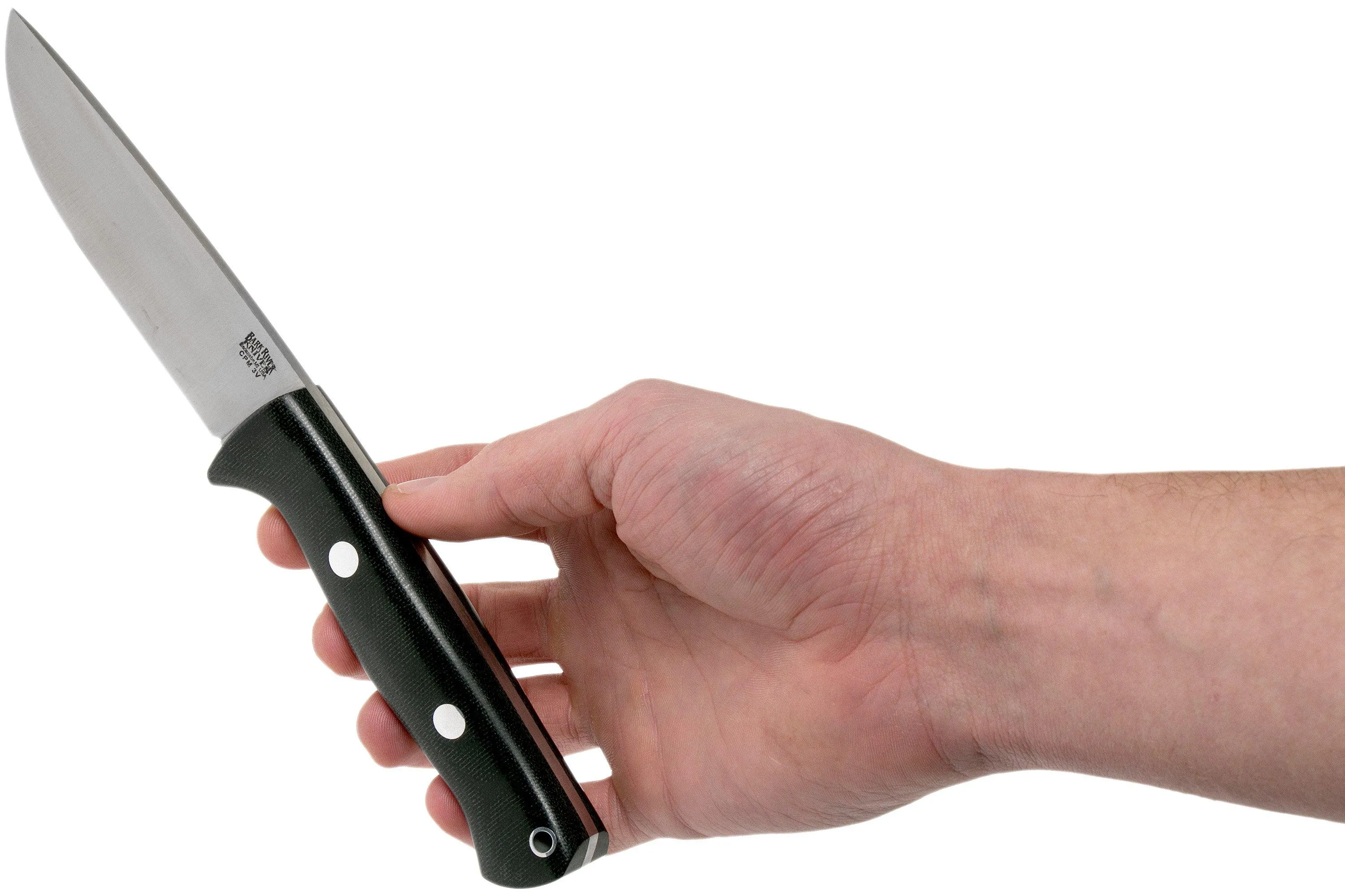 Bark River Bravo 1 LT Hunter CPM 3V, Black Canvas micarta, funda marrón