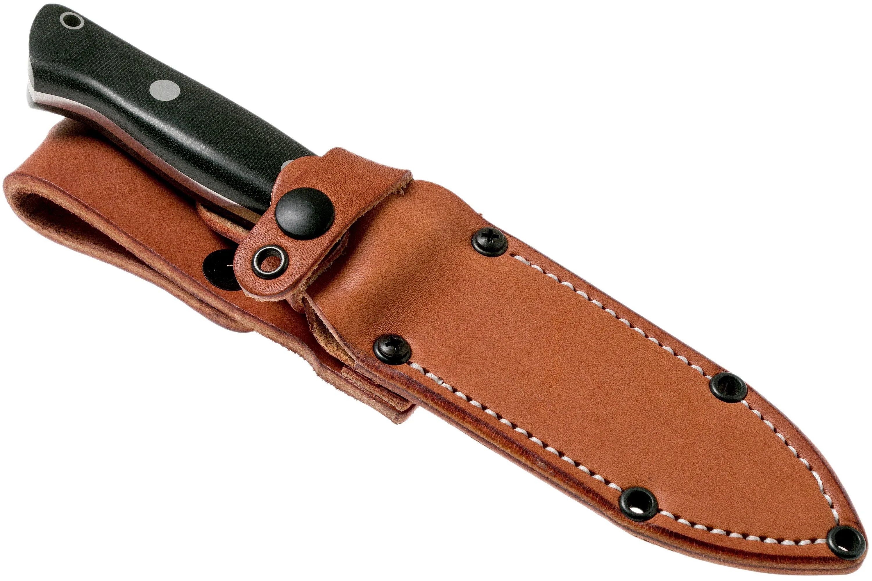 Bark River Bravo 1 LT Hunter CPM 3V, Black Canvas micarta, funda marrón