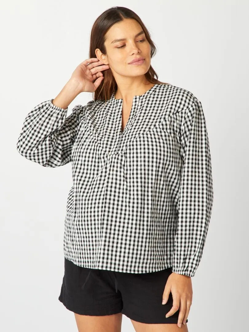 BLUSA DE LACTANCIA CON ESTAMPADO VICHY  NEGRO