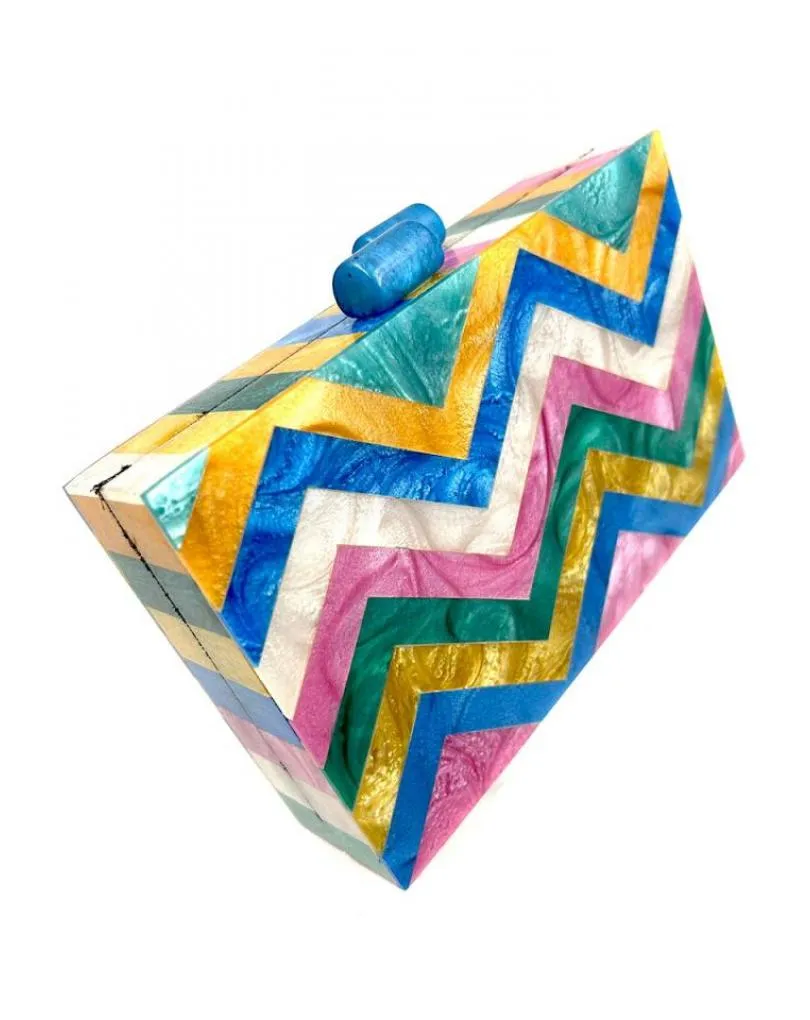 BOLSOS FIESTA Y CLUTCH INVITADA, MADRINAS Y BODAS, BOLSO MULTICOLOR CON DISEÑO DE ZIGZAS