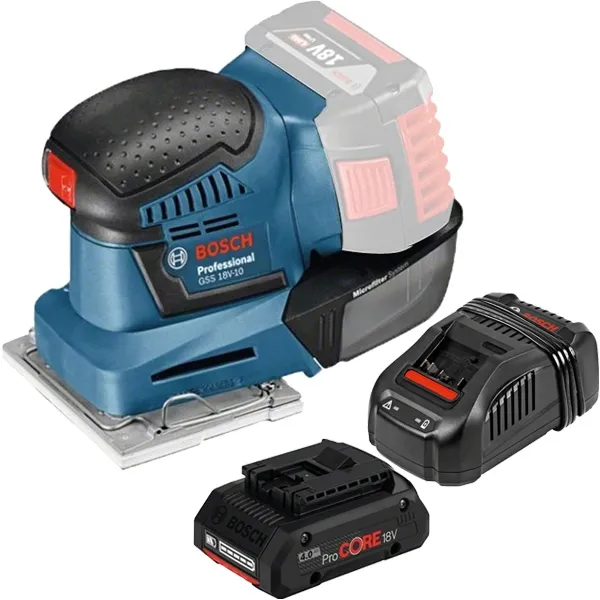 BOSCH  GAL 1880 CV   CARGADORES DE BATERíALIION, 14,418 V, CARGA RáPIDA + BOSCH  GSS 18V10  LIJADORA ORBITAL CON VIBRACIO