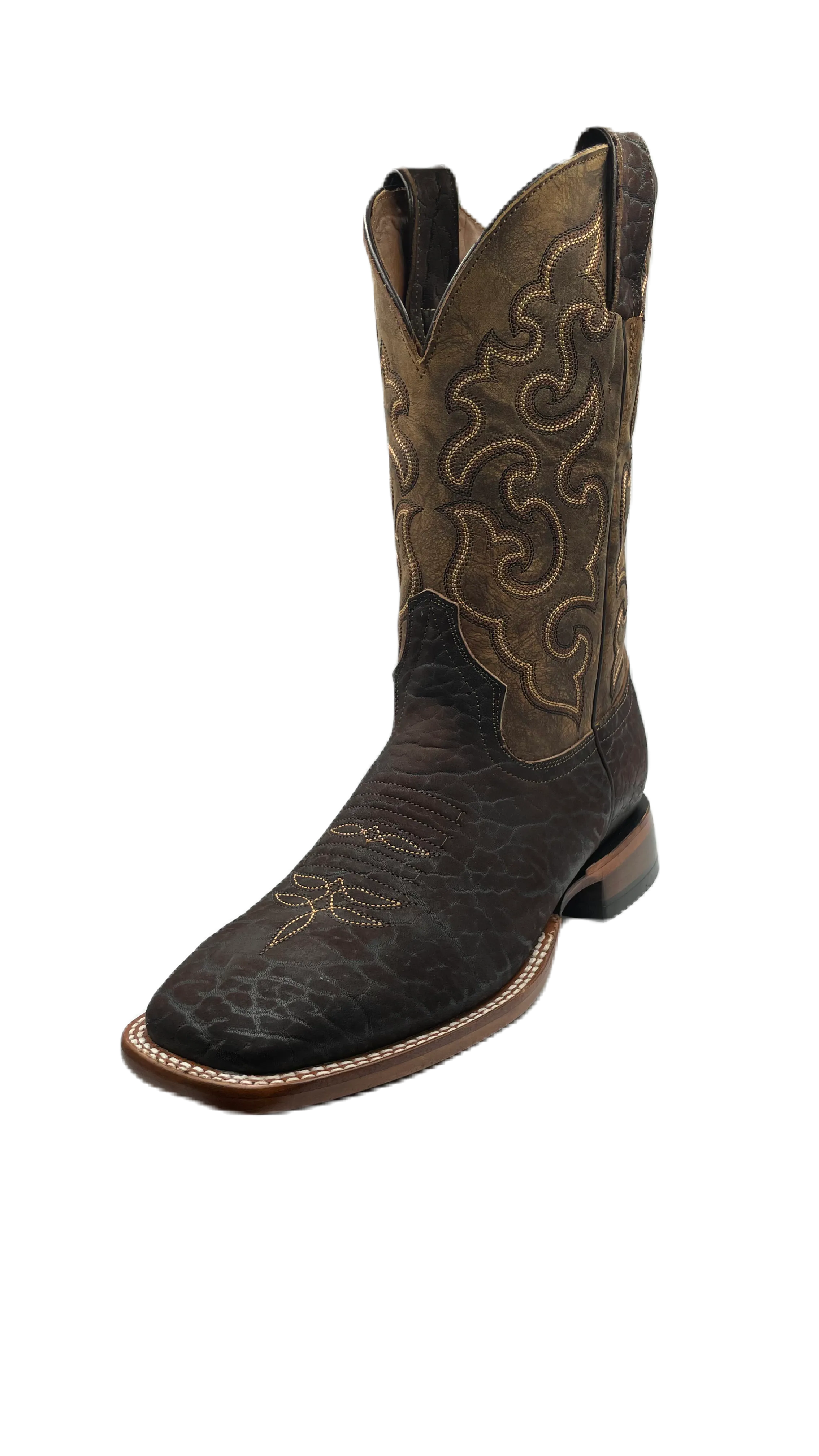 Bota piel de cuello de toro café obscuro tejido dorado