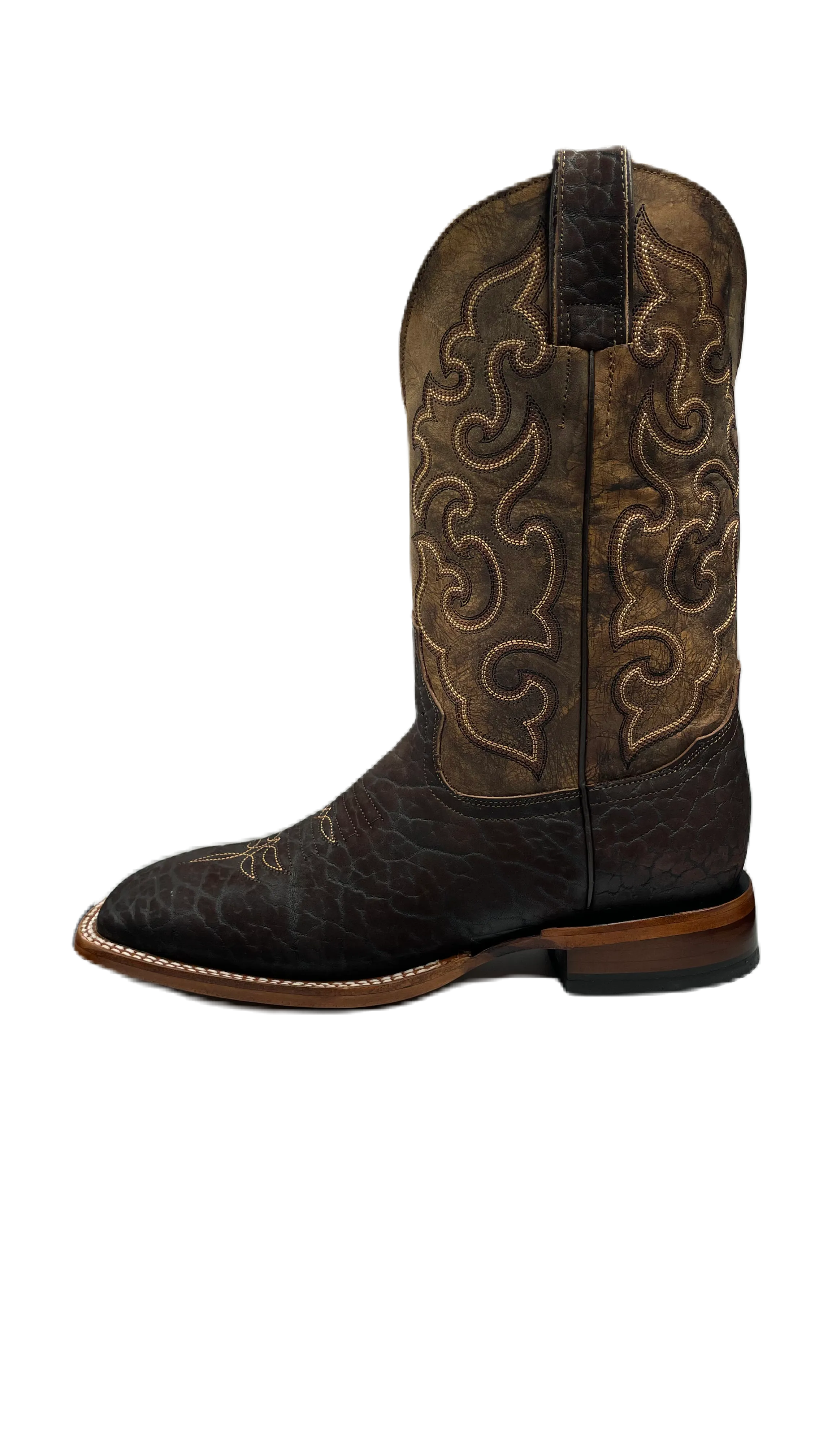 Bota piel de cuello de toro café obscuro tejido dorado