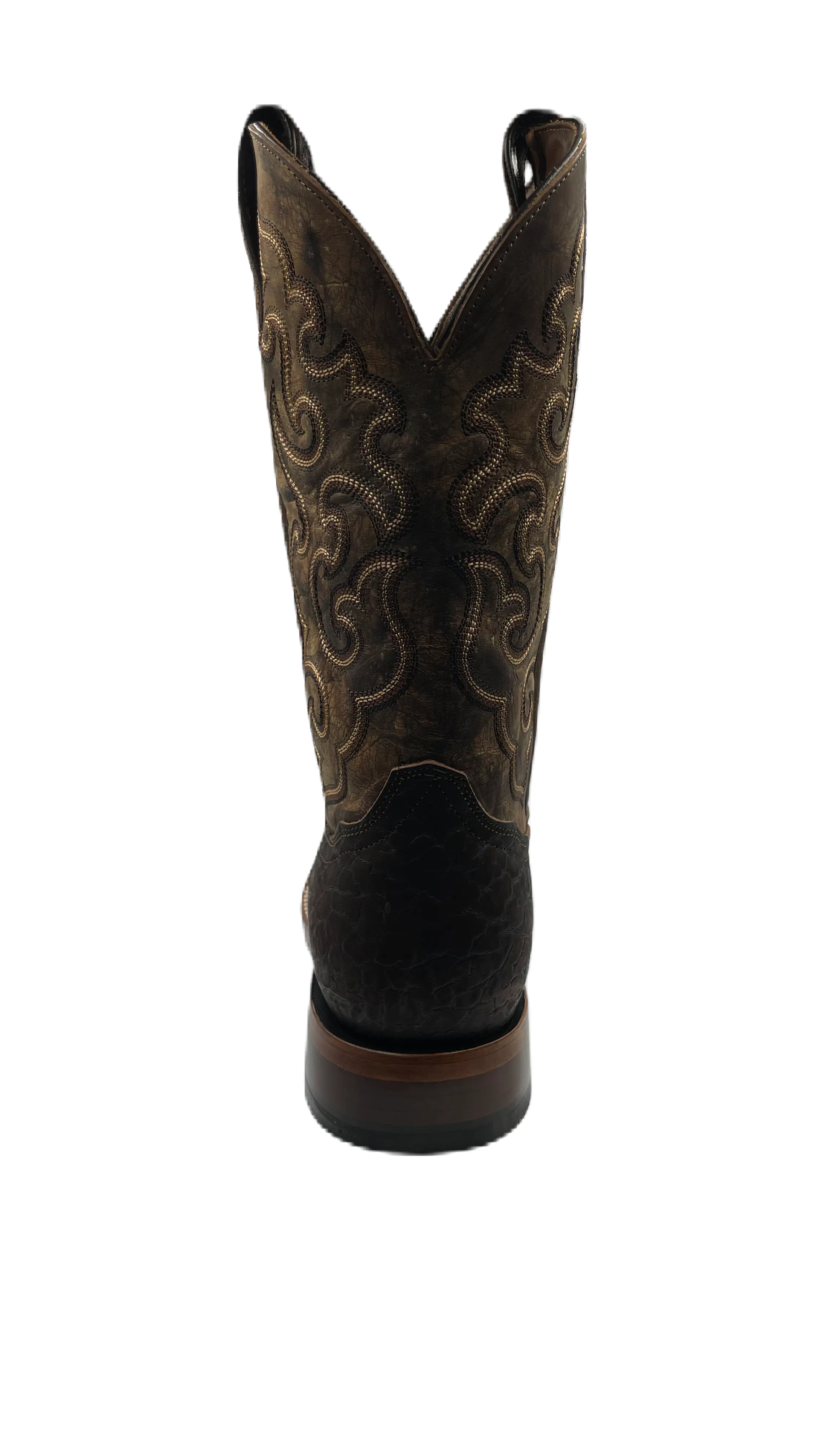 Bota piel de cuello de toro café obscuro tejido dorado