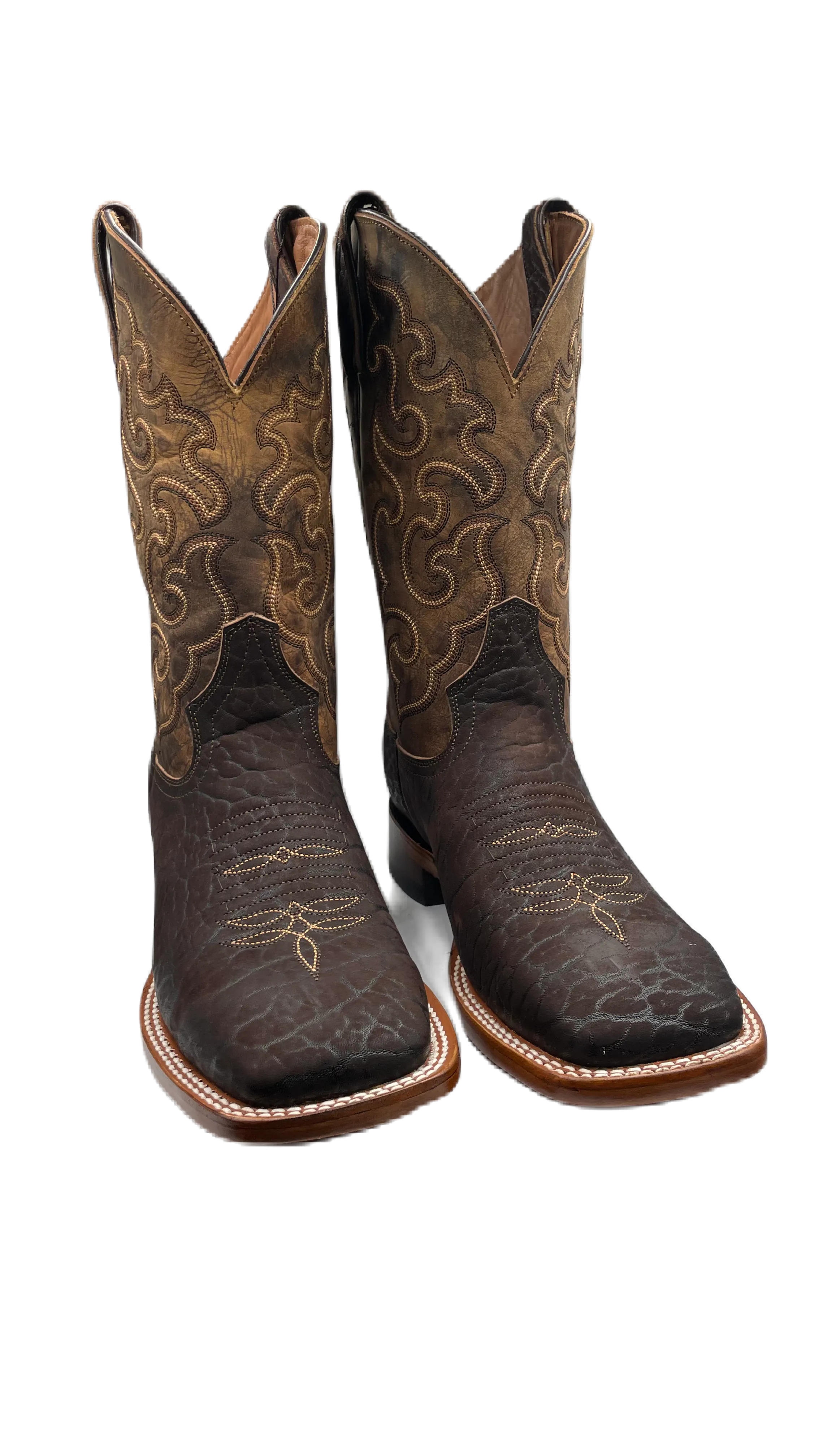 Bota piel de cuello de toro café obscuro tejido dorado