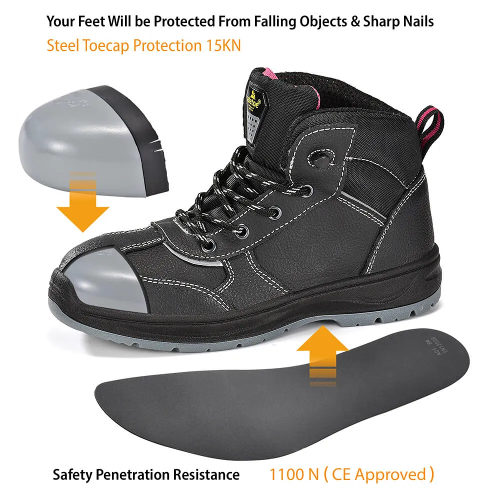BOTAS DE TRABAJO DE SEGURIDAD NEGRAS DE CUERO IMPERMEABLES PARA MUJER CONSTRUCCIóN M8516W