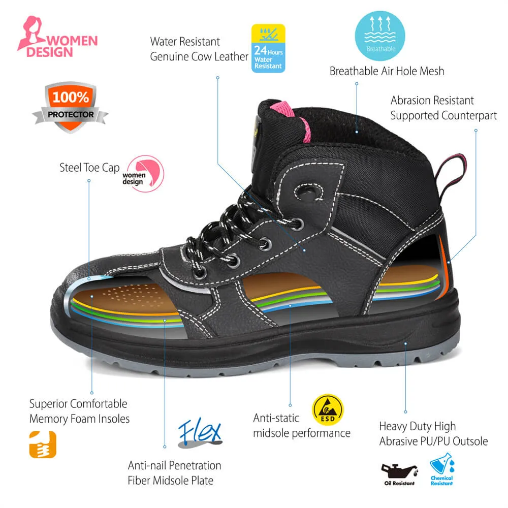 BOTAS DE TRABAJO DE SEGURIDAD NEGRAS DE CUERO IMPERMEABLES PARA MUJER CONSTRUCCIóN M8516W