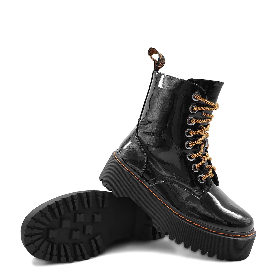 Botines Combat 10 Negros Charol Moda Urbana
