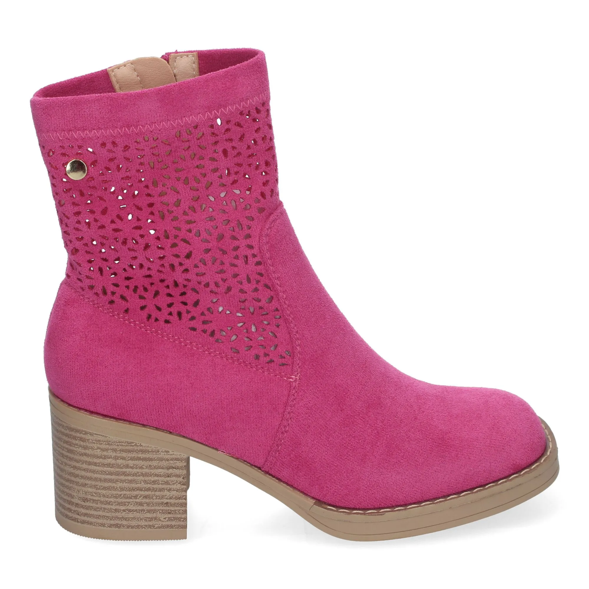 Botines de tacón bajo calados color fucsia punta fina mujer VR001