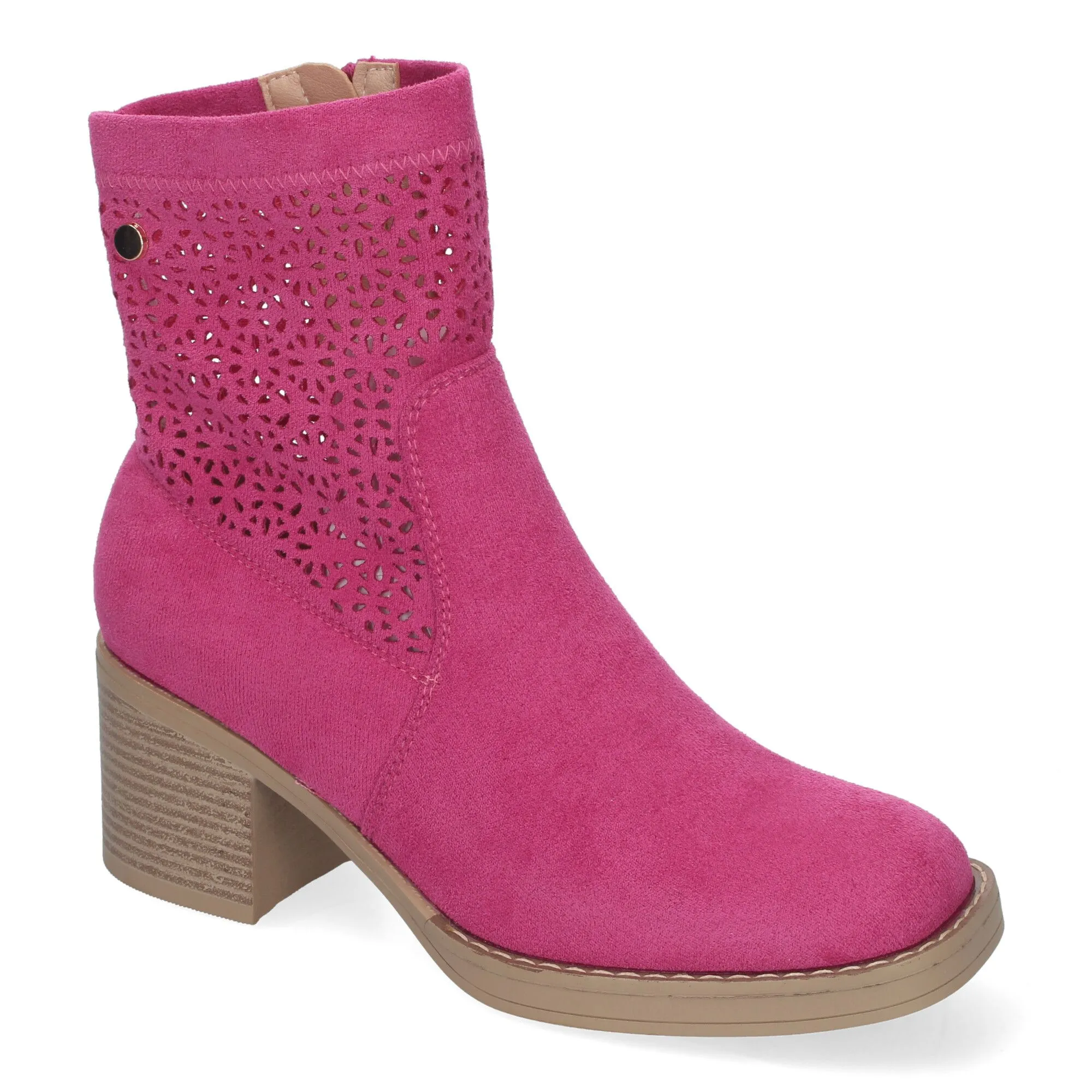 Botines de tacón bajo calados color fucsia punta fina mujer VR001