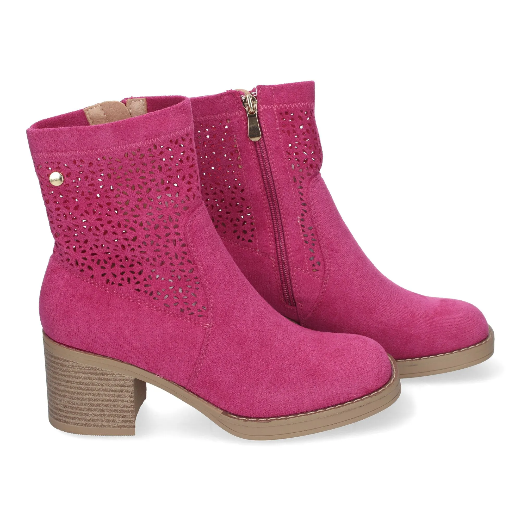 Botines de tacón bajo calados color fucsia punta fina mujer VR001