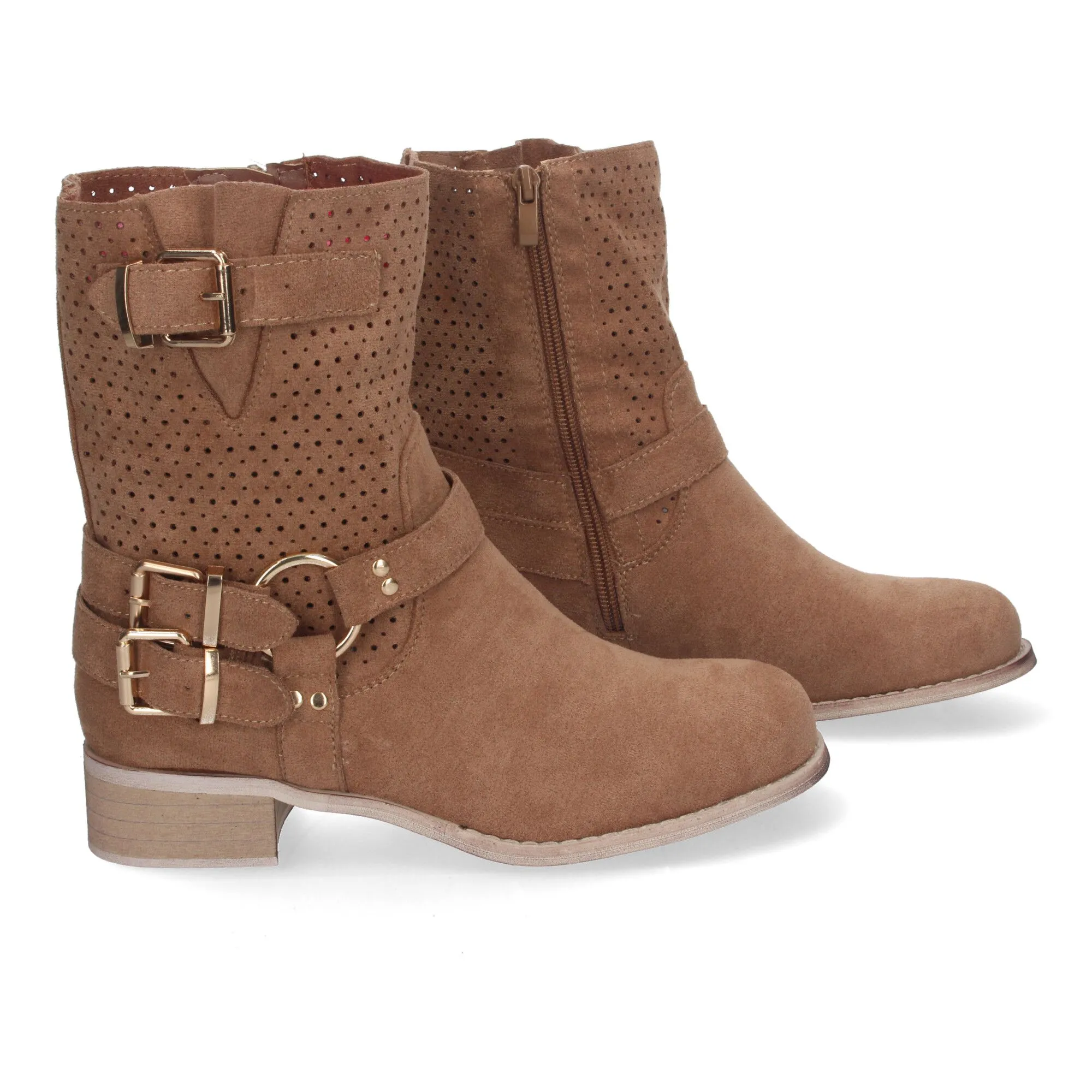 Botines de tacón bajo calados estilo motero mujer color beige L1002