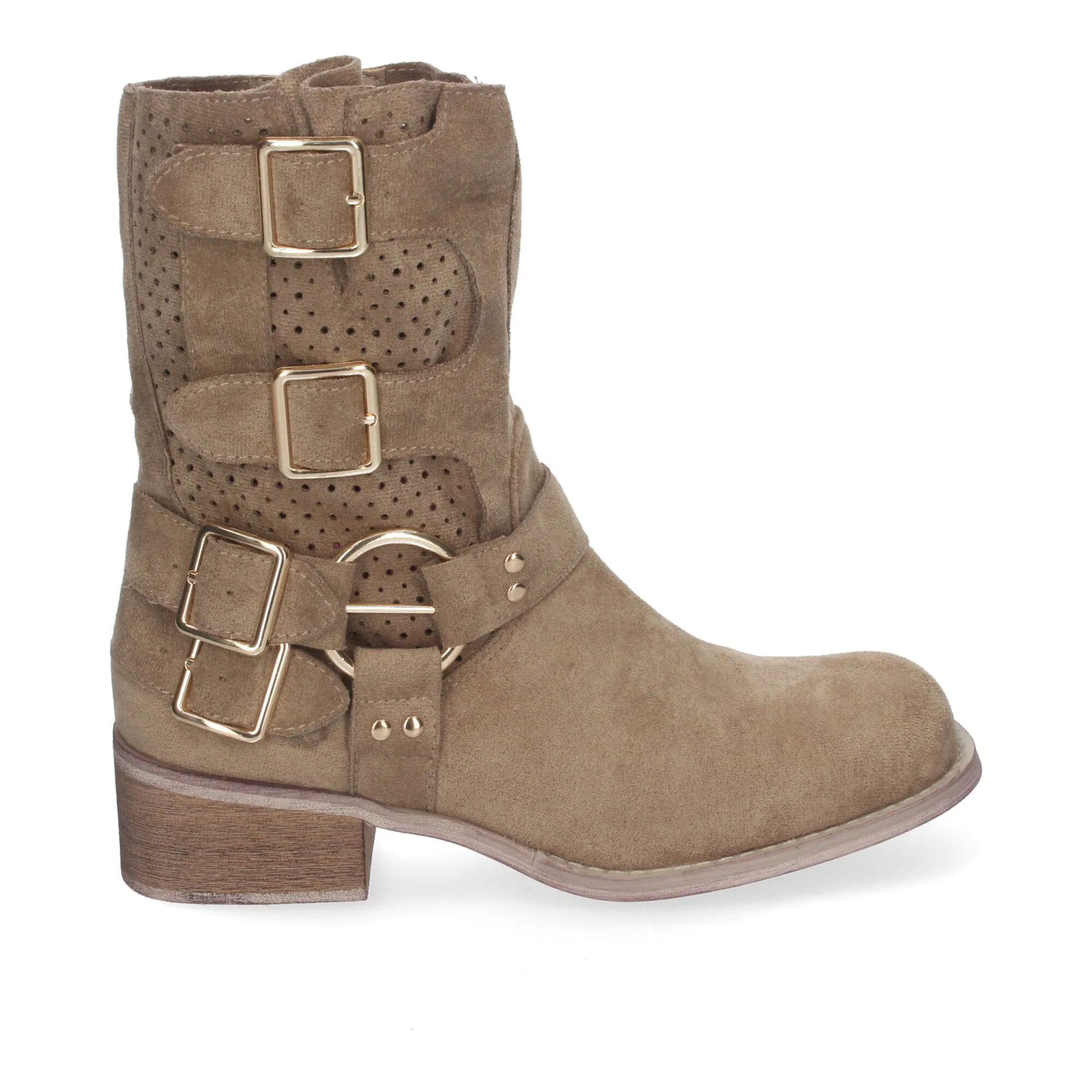 Botines de tacón bajo calados estilo motero mujer color caqui L1001