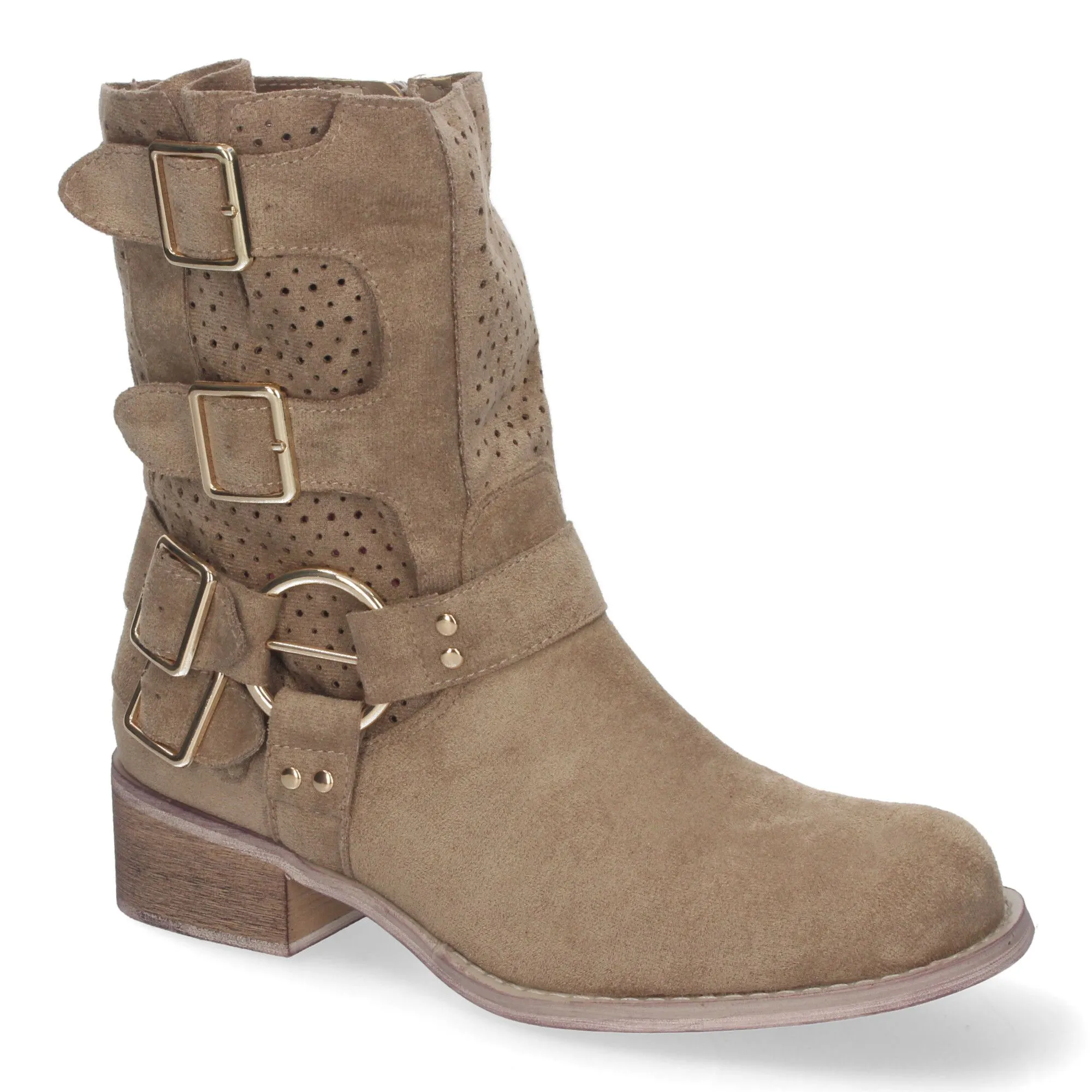 Botines de tacón bajo calados estilo motero mujer color caqui L1001