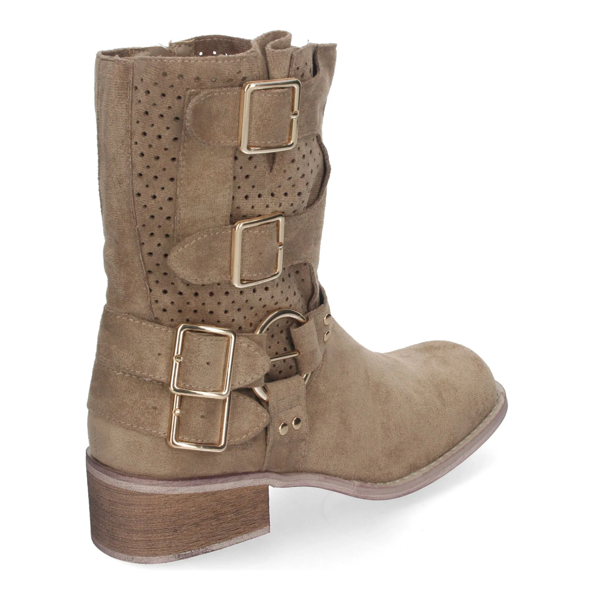 Botines de tacón bajo calados estilo motero mujer color caqui L1001