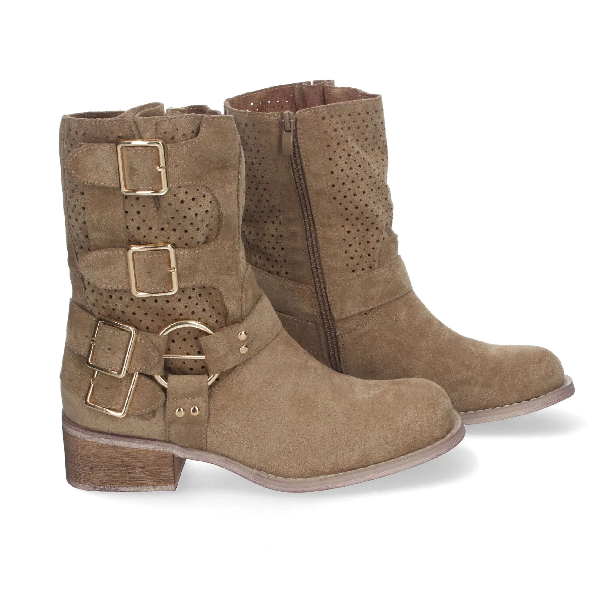 Botines de tacón bajo calados estilo motero mujer color caqui L1001