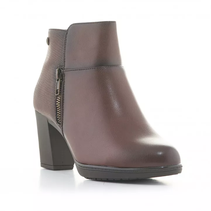 Botines tacón Amarpies marrones de doble textura y cremallera lateral