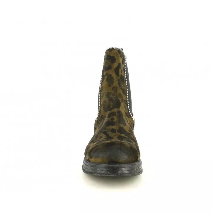 Botines tacón Replay de piel marrones estampado leopardo, elásticos y tachuelas