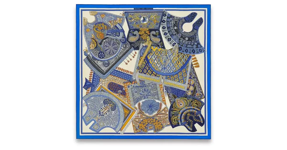 Bufanda Hermès Carré 90 "Tapis de Selle" 100% Seda Azul 