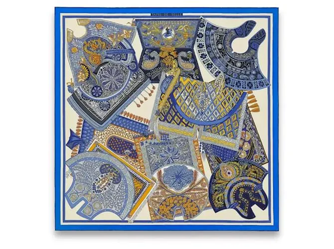Bufanda Hermès Carré 90 "Tapis de Selle" 100% Seda Azul 