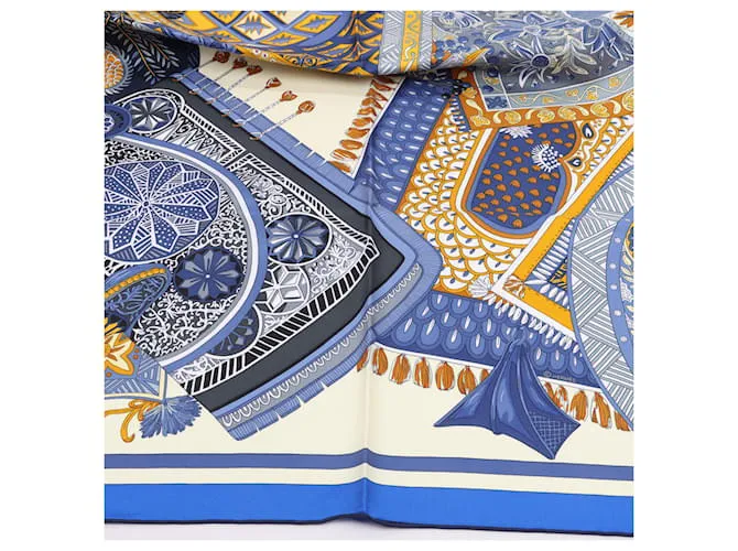Bufanda Hermès Carré 90 "Tapis de Selle" 100% Seda Azul 