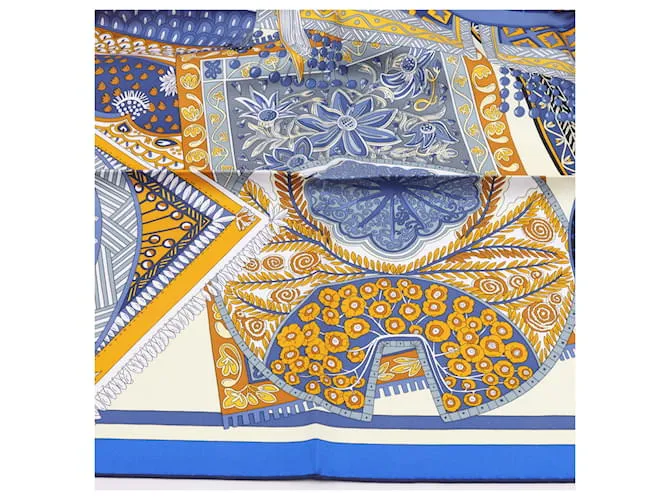 Bufanda Hermès Carré 90 "Tapis de Selle" 100% Seda Azul 