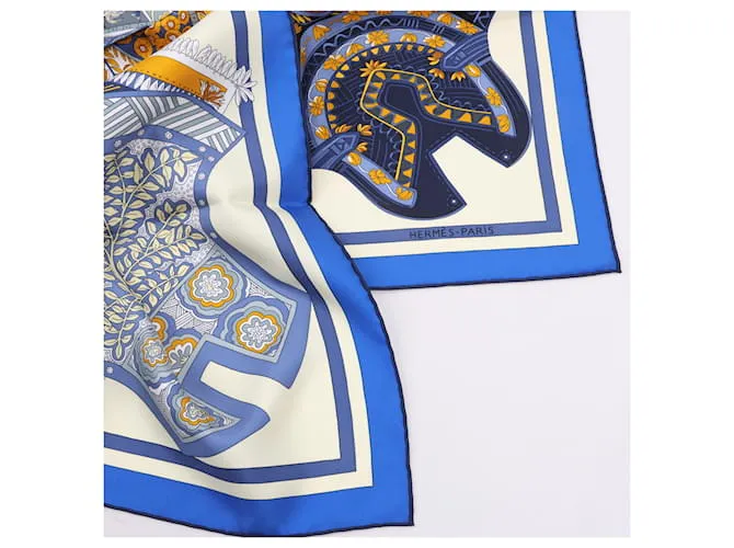 Bufanda Hermès Carré 90 "Tapis de Selle" 100% Seda Azul 