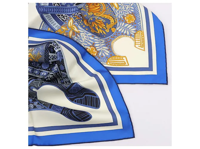 Bufanda Hermès Carré 90 "Tapis de Selle" 100% Seda Azul 