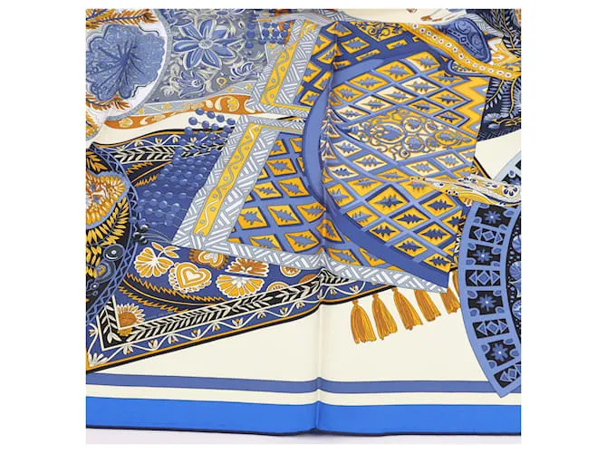 Bufanda Hermès Carré 90 "Tapis de Selle" 100% Seda Azul 