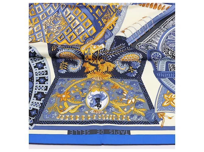 Bufanda Hermès Carré 90 "Tapis de Selle" 100% Seda Azul 
