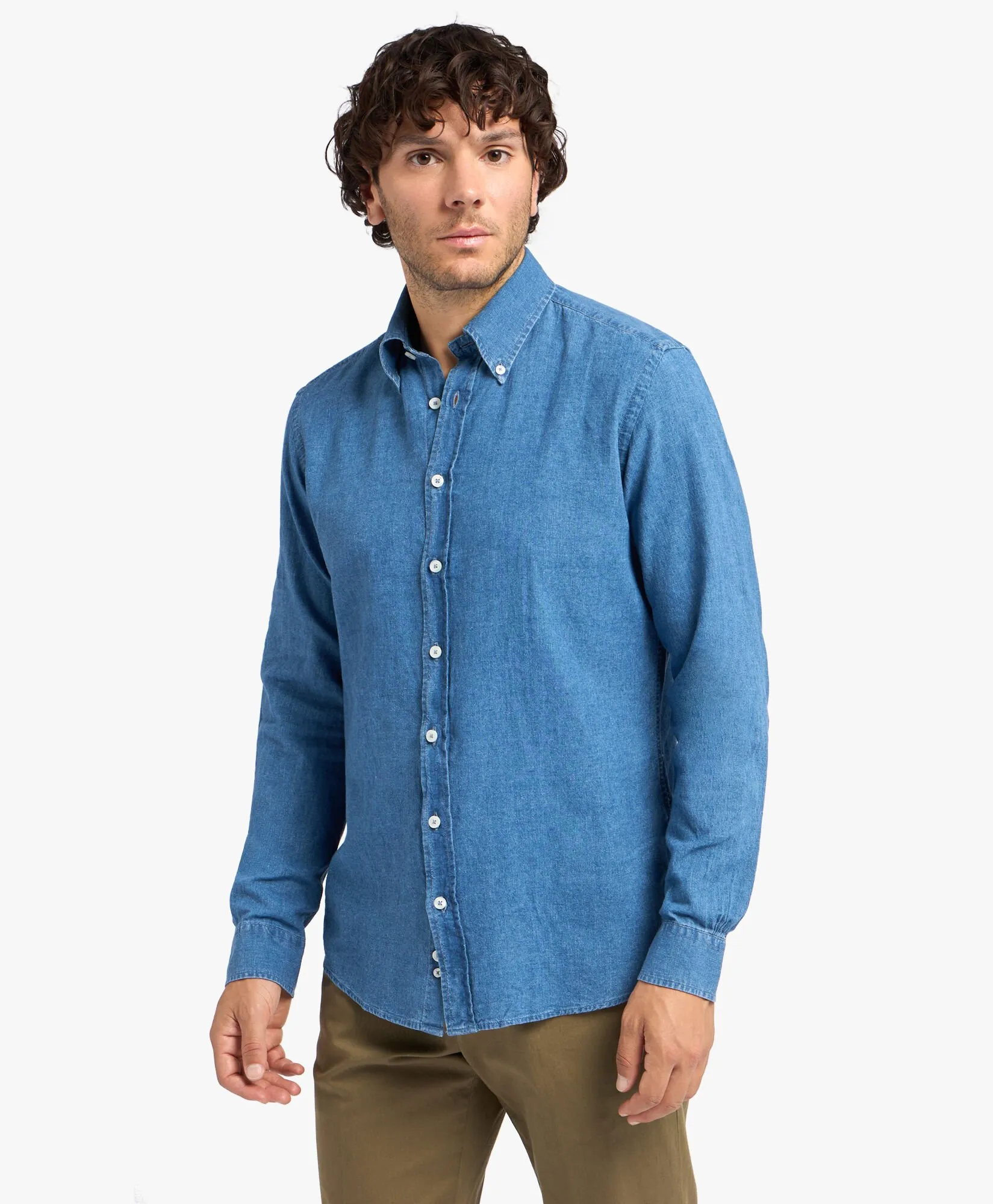 Camisa informal slim fit azul de mezcla de lino y algodón
