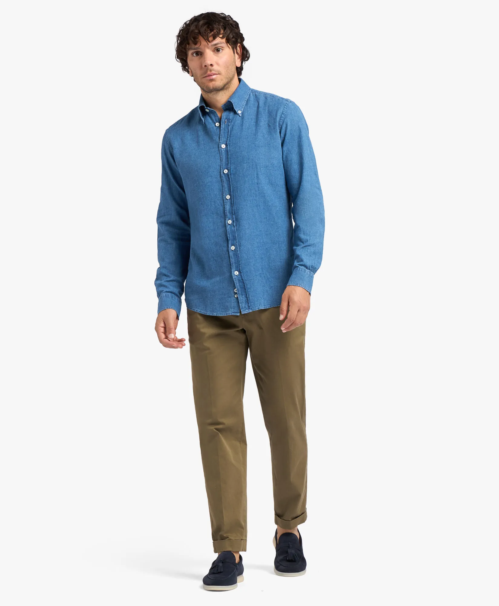 Camisa informal slim fit azul de mezcla de lino y algodón