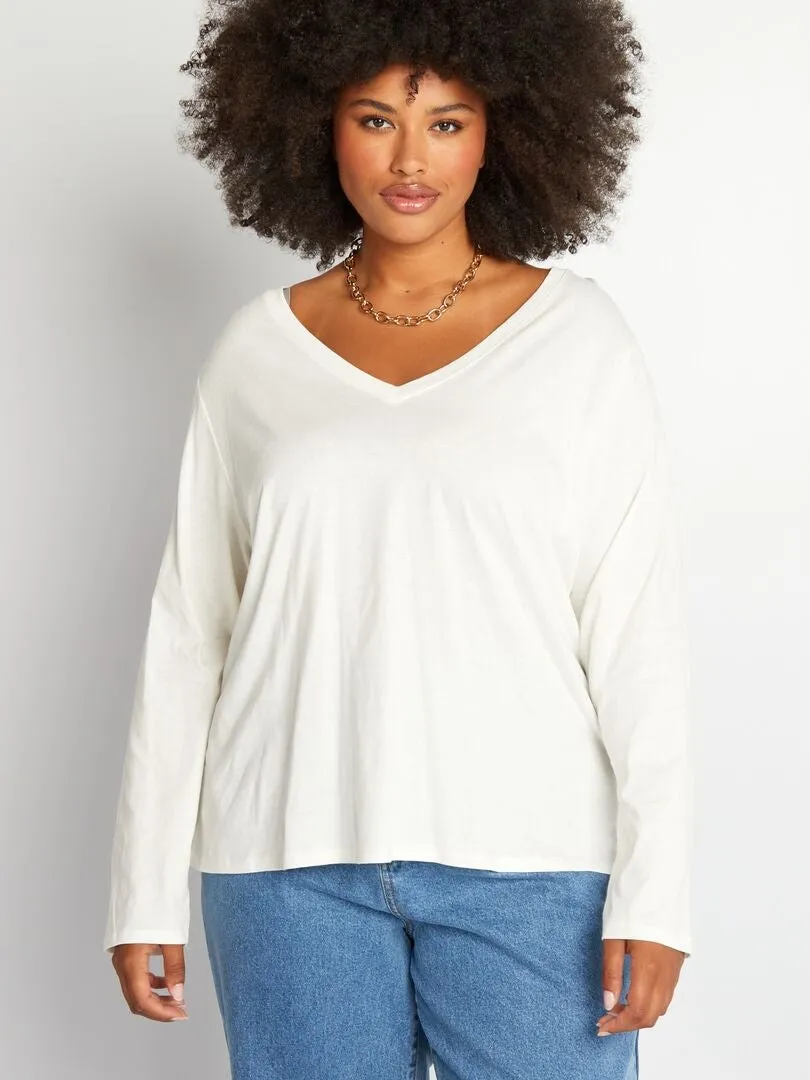 CAMISETA BáSICA DE MANGA LARGA CON CUELLO DE PICO  BLANCO