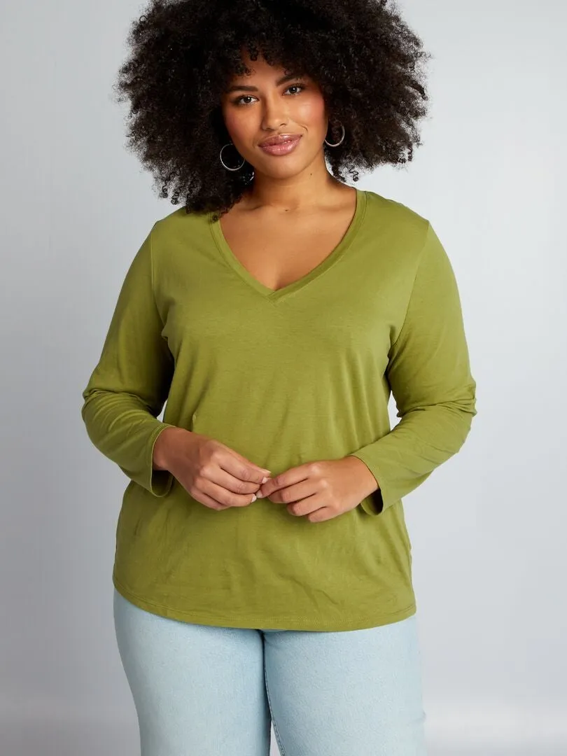 CAMISETA BáSICA DE MANGA LARGA CON CUELLO DE PICO  VERDE