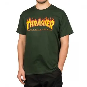 Camiseta THRASHER Magazine Hombre Flame logo manga corta Ref. 144781 Verde Llama fuego amarilla y naranja Forest Green
