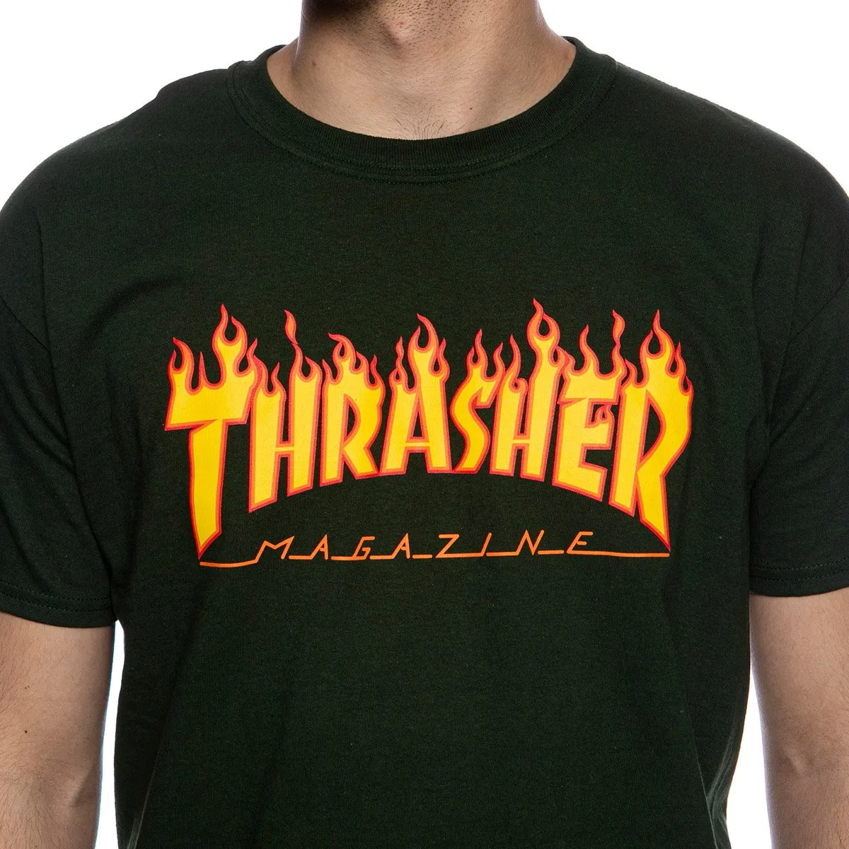 Camiseta THRASHER Magazine Hombre Flame logo manga corta Ref. 144781 Verde Llama fuego amarilla y naranja Forest Green