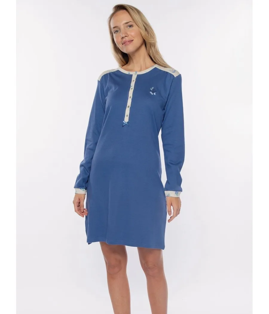 Camisón abierto manga larga Muydemi azul punto algodón
