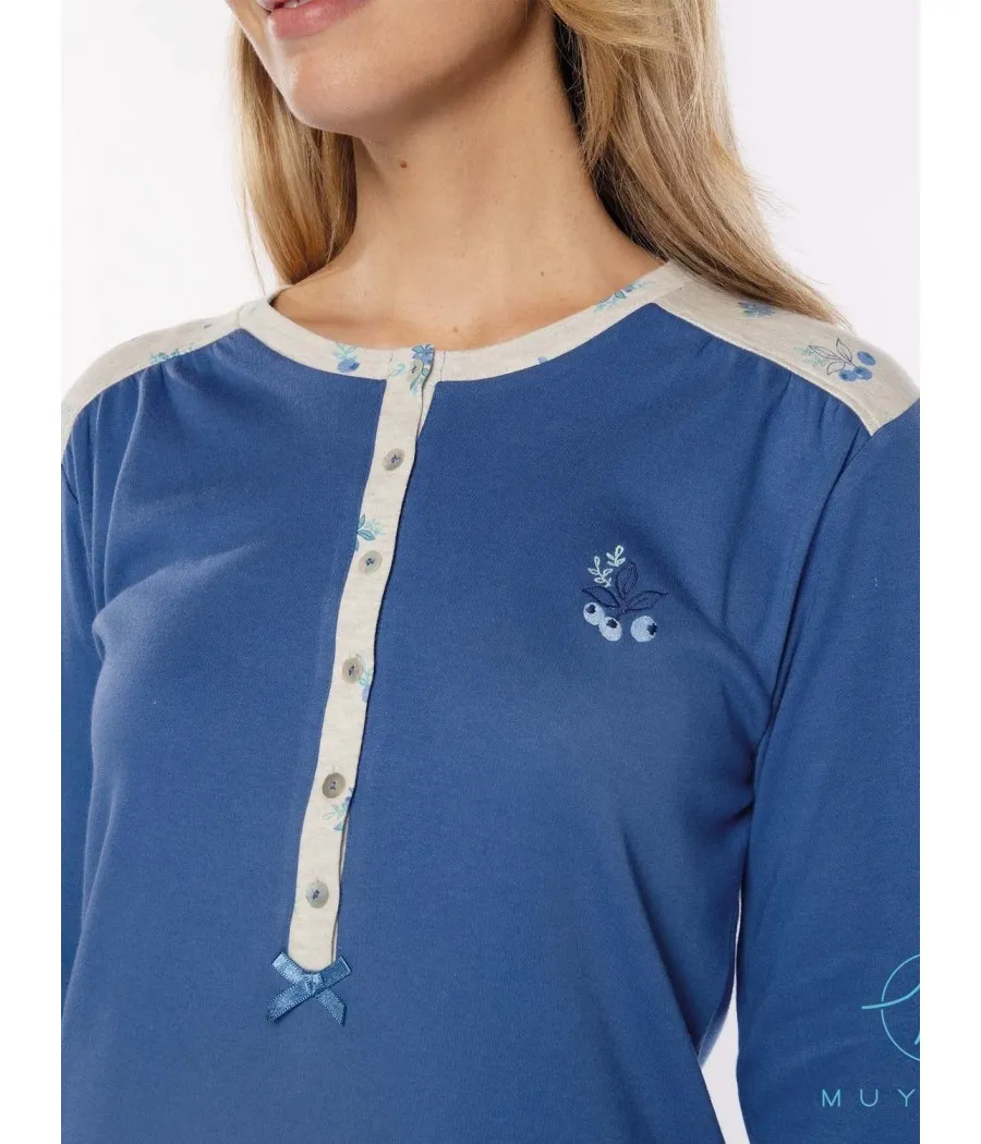 Camisón abierto manga larga Muydemi azul punto algodón