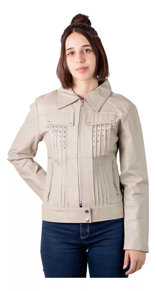 CAMPERA DE CUERO VACUNO 100% DE MUJER BEIGE TIZA  200