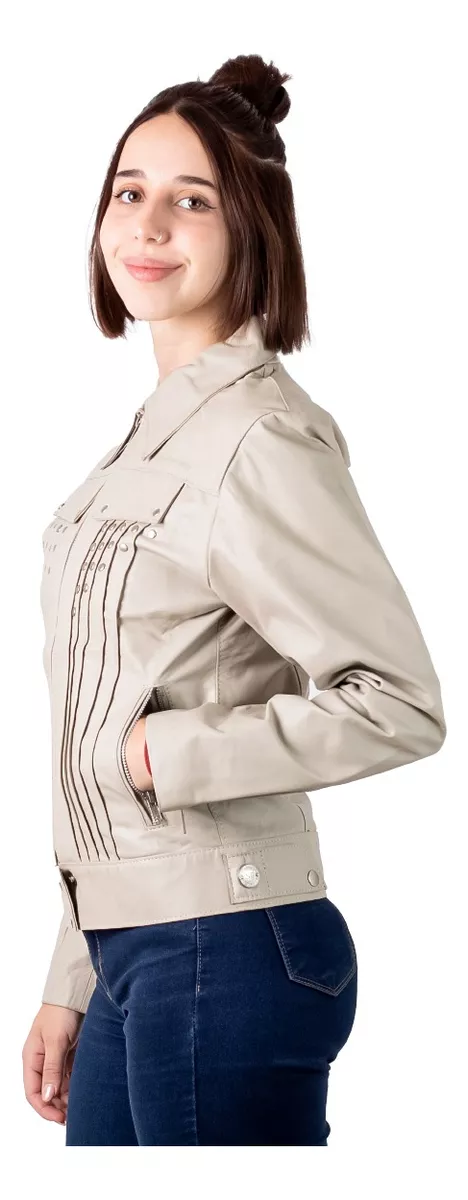 CAMPERA DE CUERO VACUNO 100% DE MUJER BEIGE TIZA  200