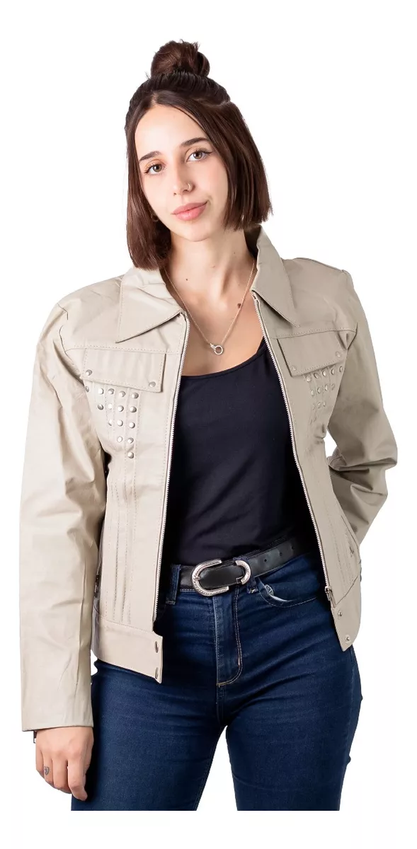 CAMPERA DE CUERO VACUNO 100% DE MUJER BEIGE TIZA  200