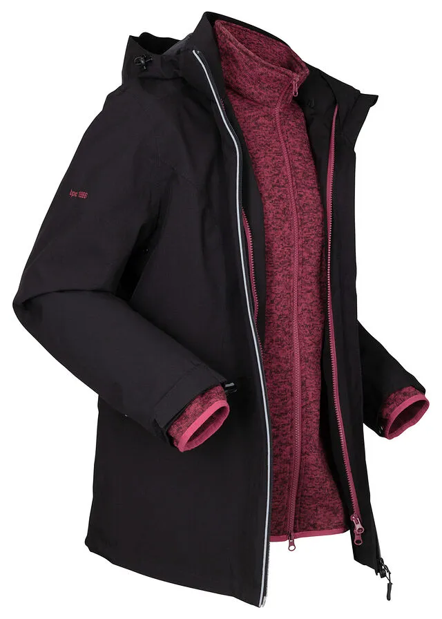 Chaqueta funcional 3 en 1 para exteriores con chaqueta interior en tejido polar Negro/rojo rododendro