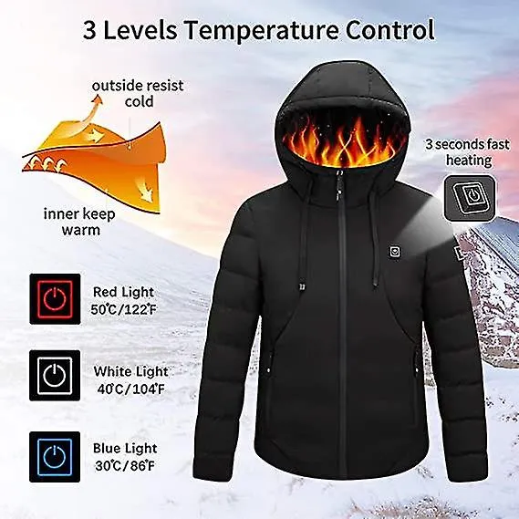 Chaqueta térmica con capucha, chaqueta con capucha caliente de invierno con 3 niveles de calefacción, puerto de carga USB, abrig