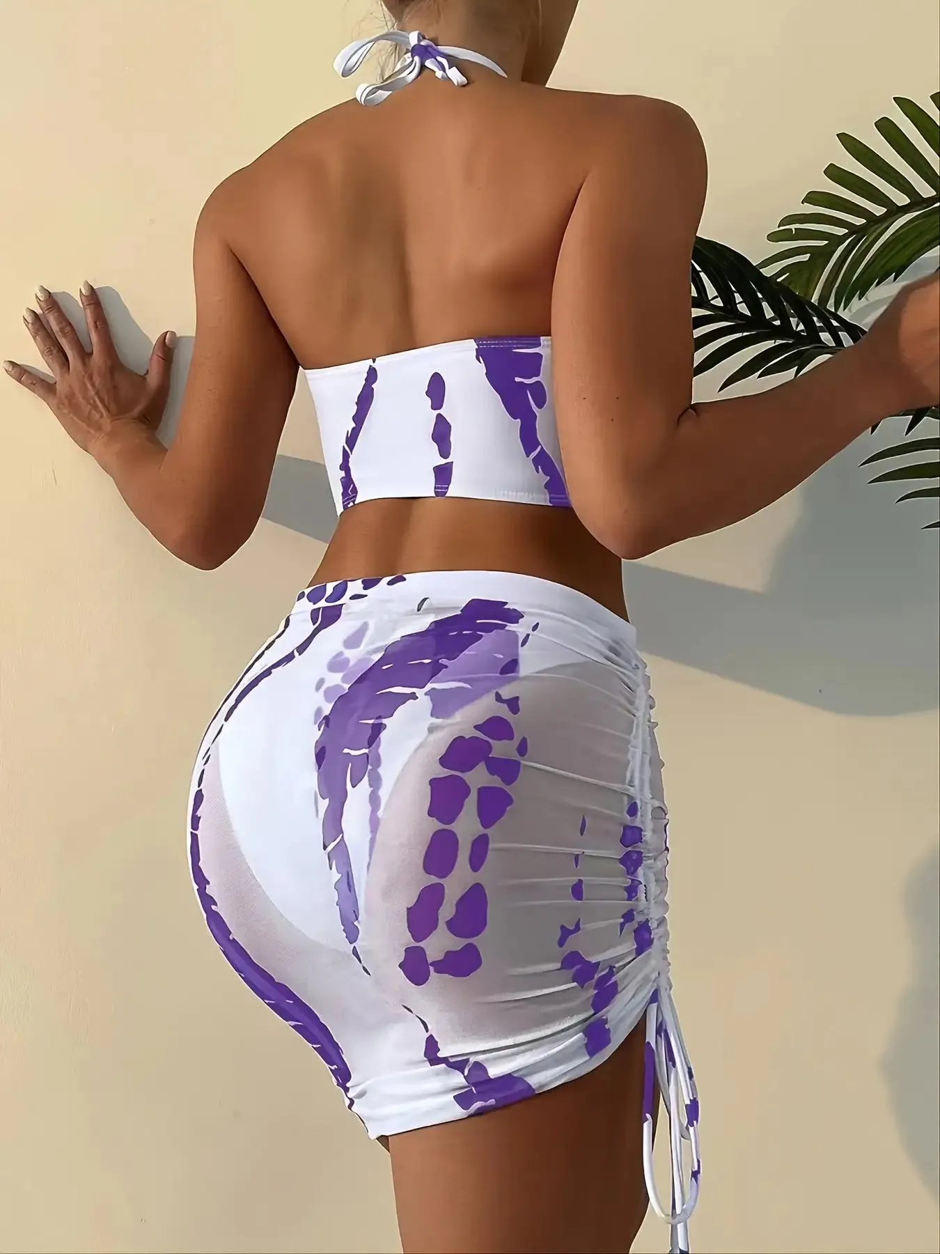 CONJUNTO BIKINI 3 PIEZAS CORTE ALTO TIEDYE HALTER CON AROS