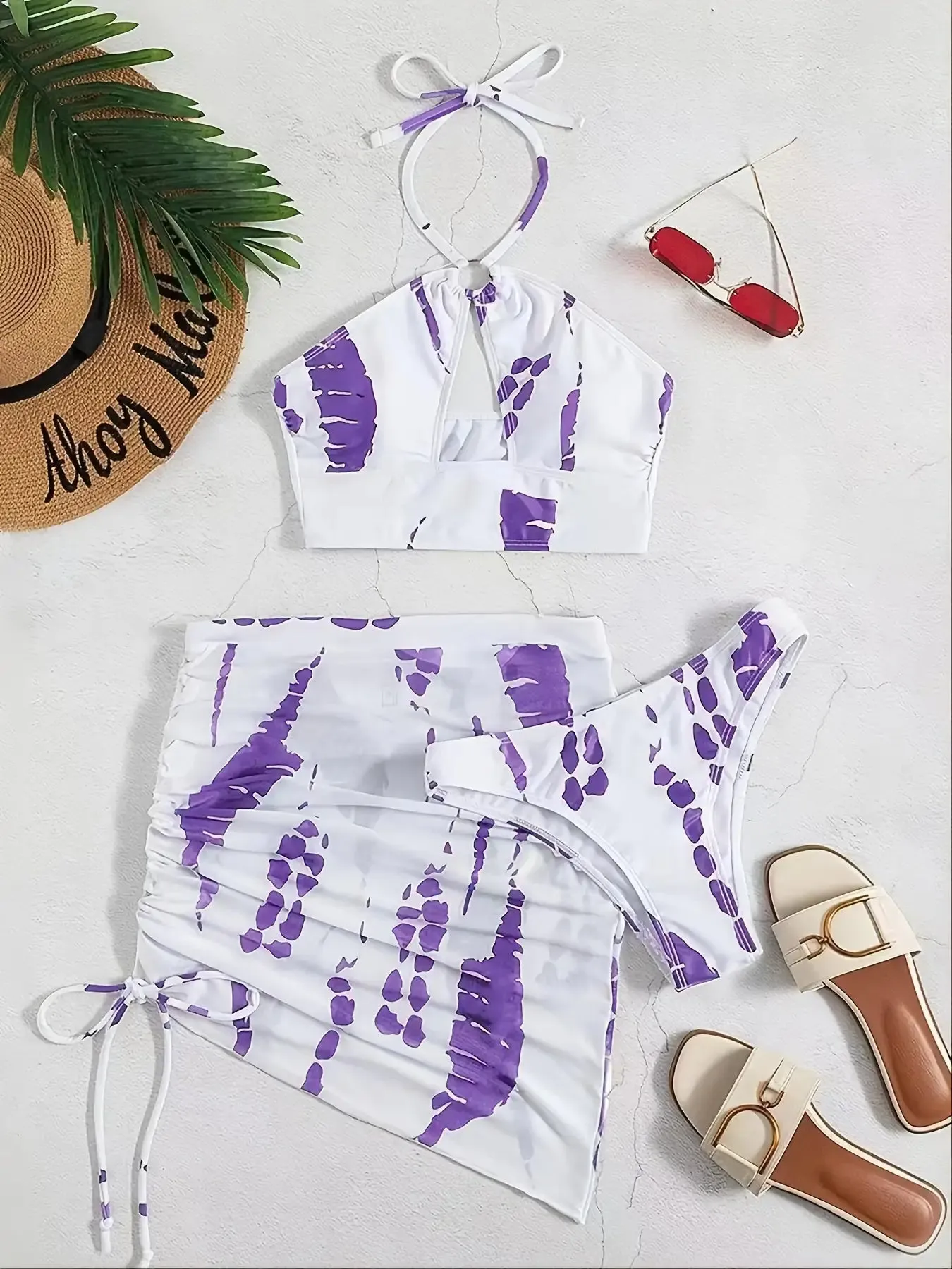 CONJUNTO BIKINI 3 PIEZAS CORTE ALTO TIEDYE HALTER CON AROS