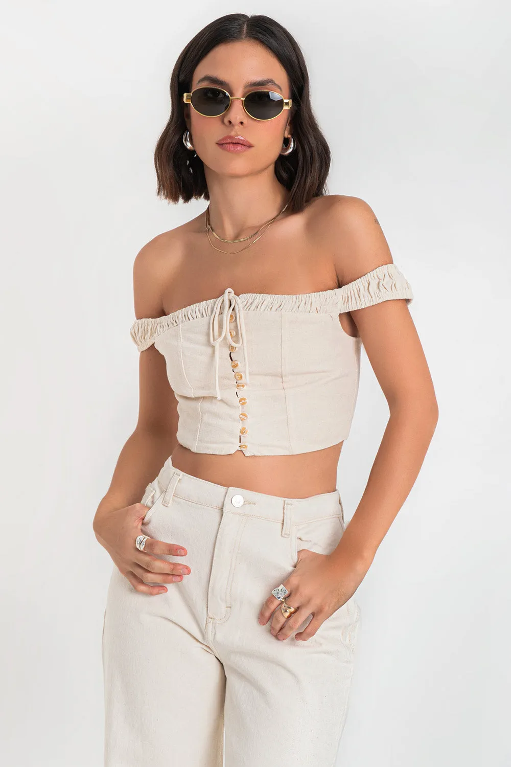 Crop top de lino hombros descubiertos