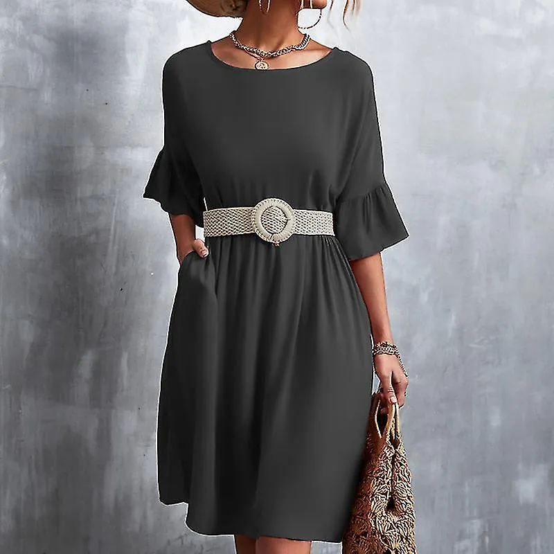 Damas Básica Media Manga Vestido de Sol Mujeres Viaje Sencillo Cuello Tripulación Camiseta Vestido